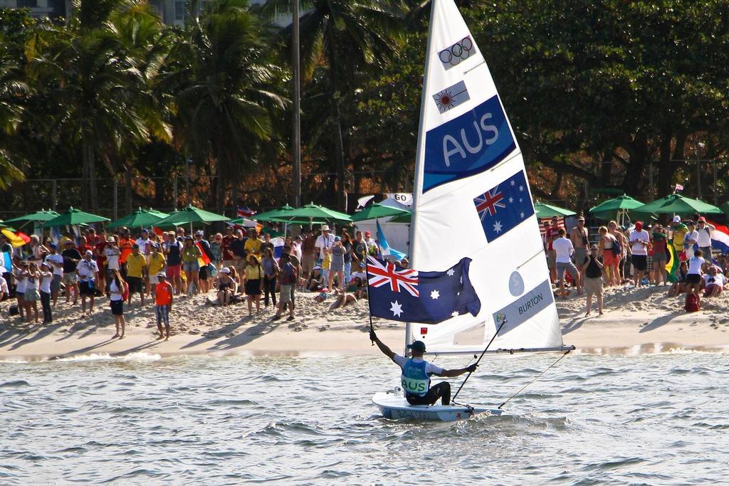 Tom Burton (AUS) heads for the beach to acknowledge his supporters and fans - Mens Laser - 2016 Olympics © Richard Gladwell www.photosport.co.nz